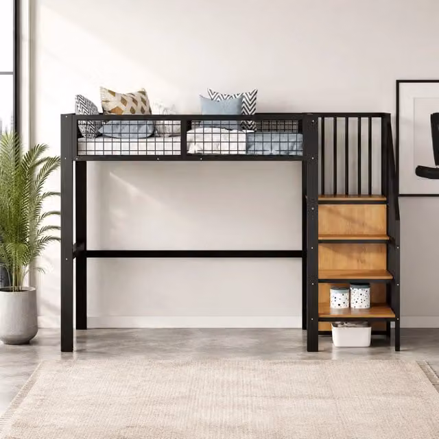 Letto a soppalco ULEVR 90x200 cm con scala e armadio integrato, struttura in metallo nero