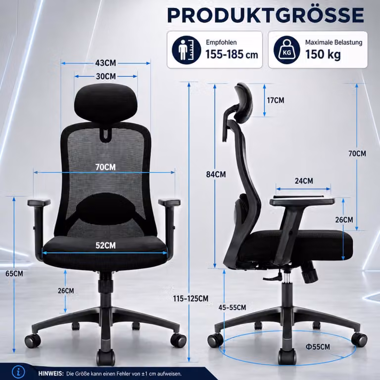 Sedia da ufficio ergonomica con braccioli regolabili in 4 dimensioni, capacità di carico di 150 kg, taglia XL