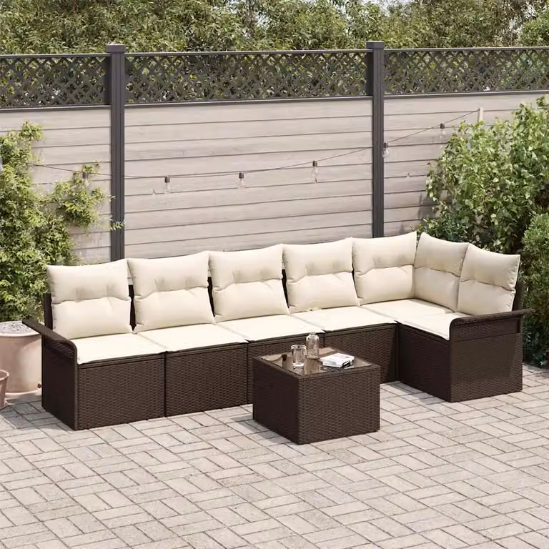 Set Divano da Giardino vidaXL 7 Pezzi a Forma di L Marrone con Cuscini e Tavolino in Vetro