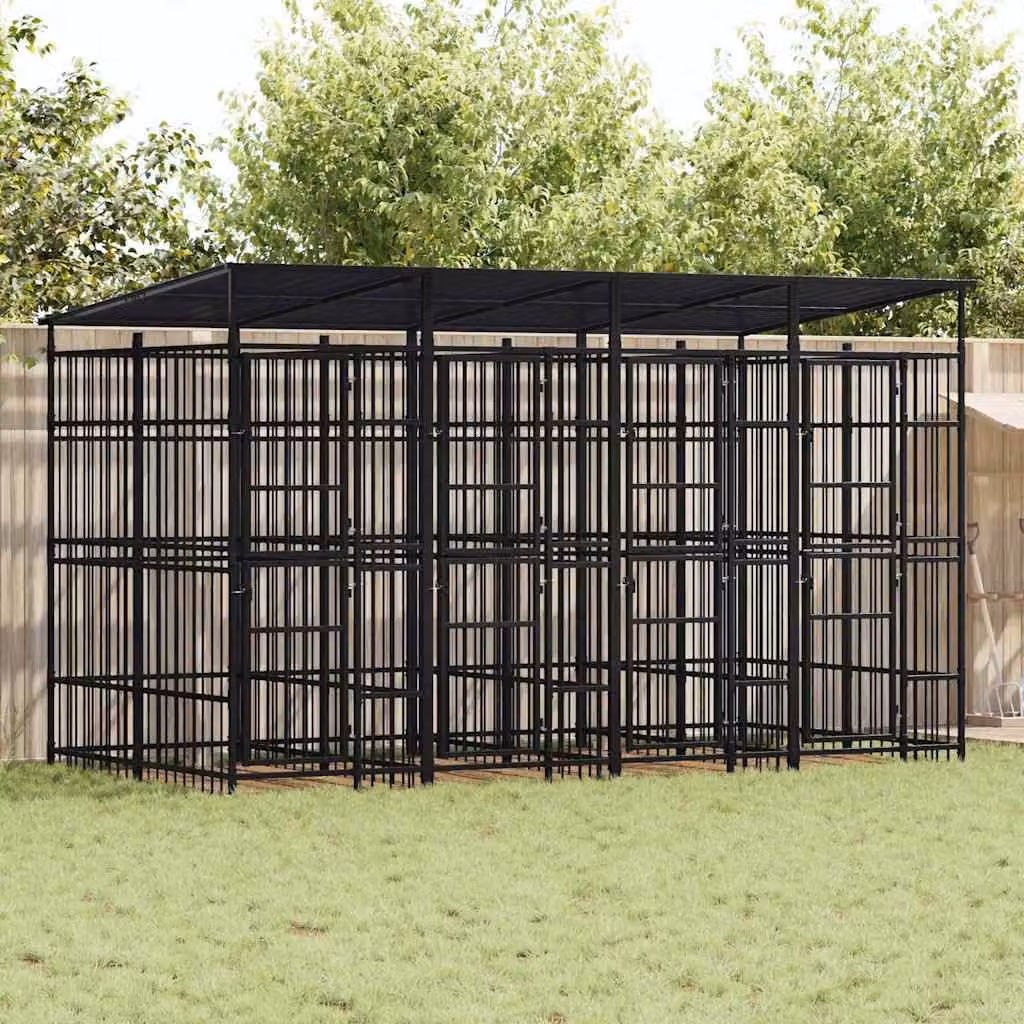 vidaXL Gabbia per Cani da Esterno in Metallo Nero con Tetto Resistente alle Intemperie