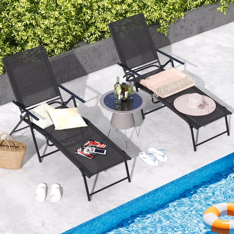 Set di 2 sedie a sdraio pieghevoli Costway per giardino, sedie reclinabili in textilene con schienale regolabile a 6 livelli e braccioli, colore Nero