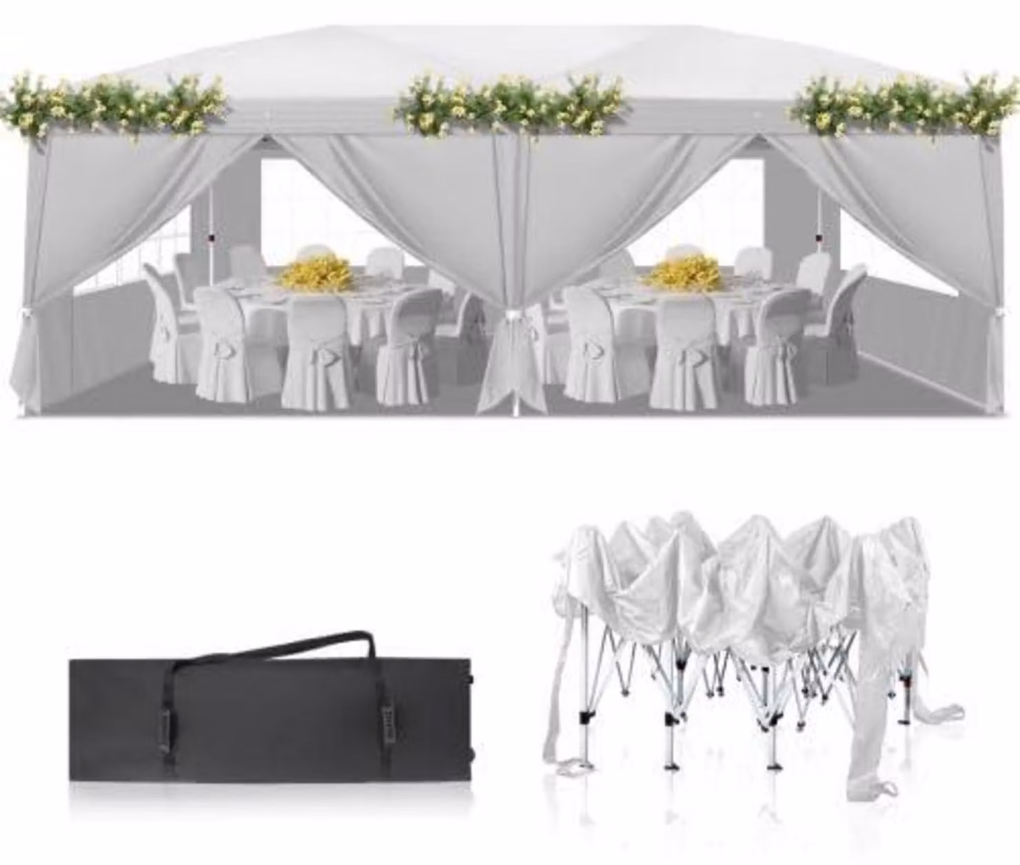 Tenda da festa 3x6 metri, altezza regolabile, impermeabile, con 6 pannelli laterali, colore bianco