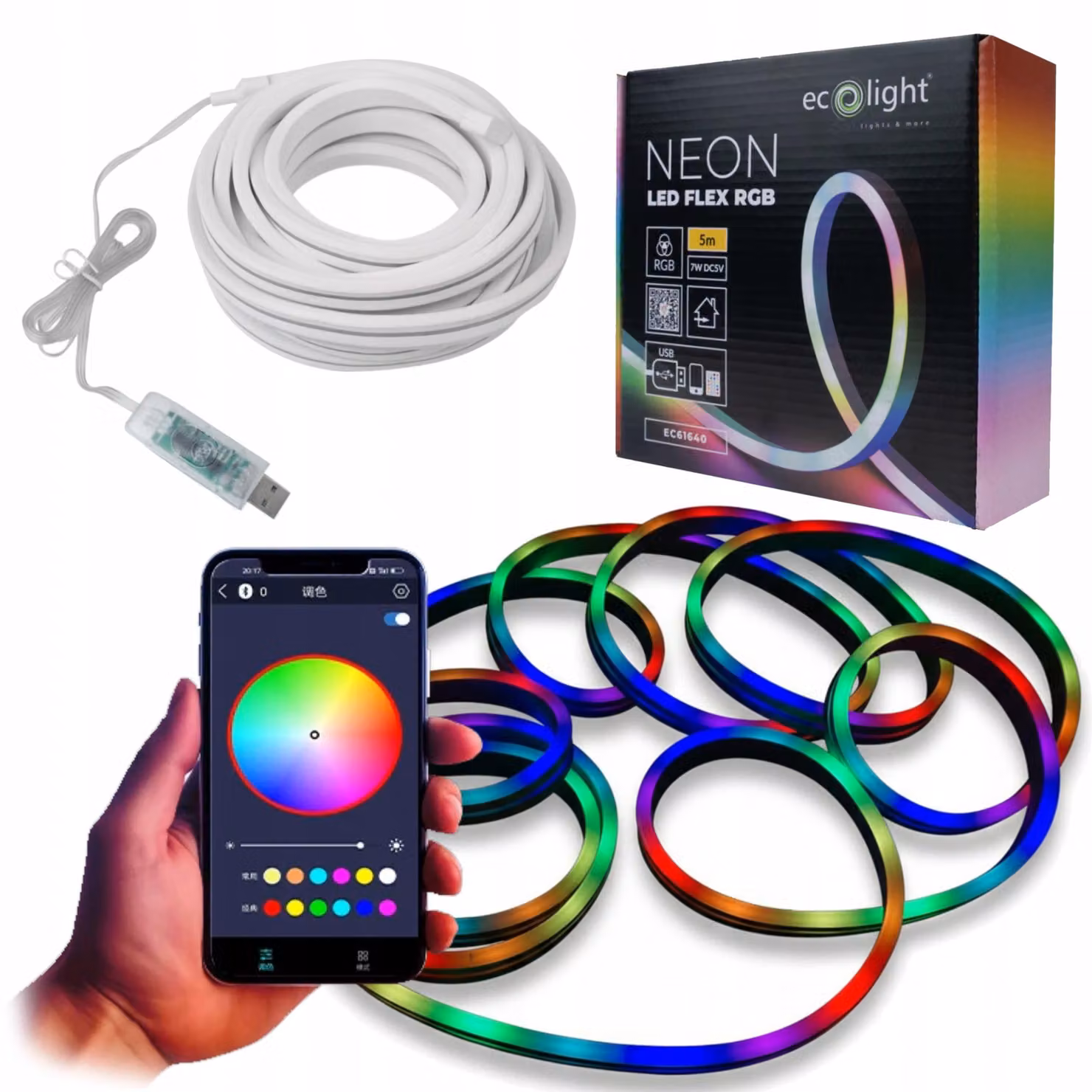 Striscia LED neon RGB, 5 metri, alimentazione USB 5V, controllo tramite app, illuminazione decorativa