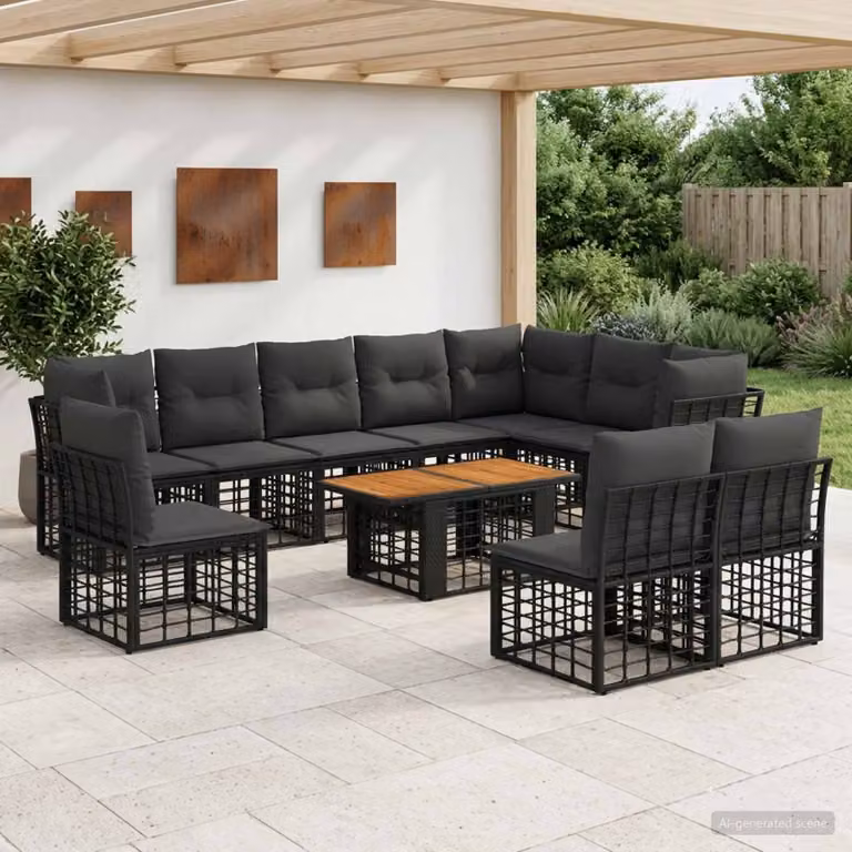 Set Divano da Giardino vidaXL 11 pz a forma a U in Polyrattan con Tavolino e Cuscini, Nero e Grigio