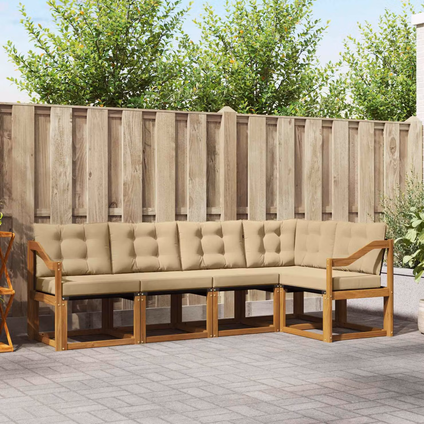 Set di divani da esterno vidaXL a forma di L in legno di acacia con cuscini beige e marrone