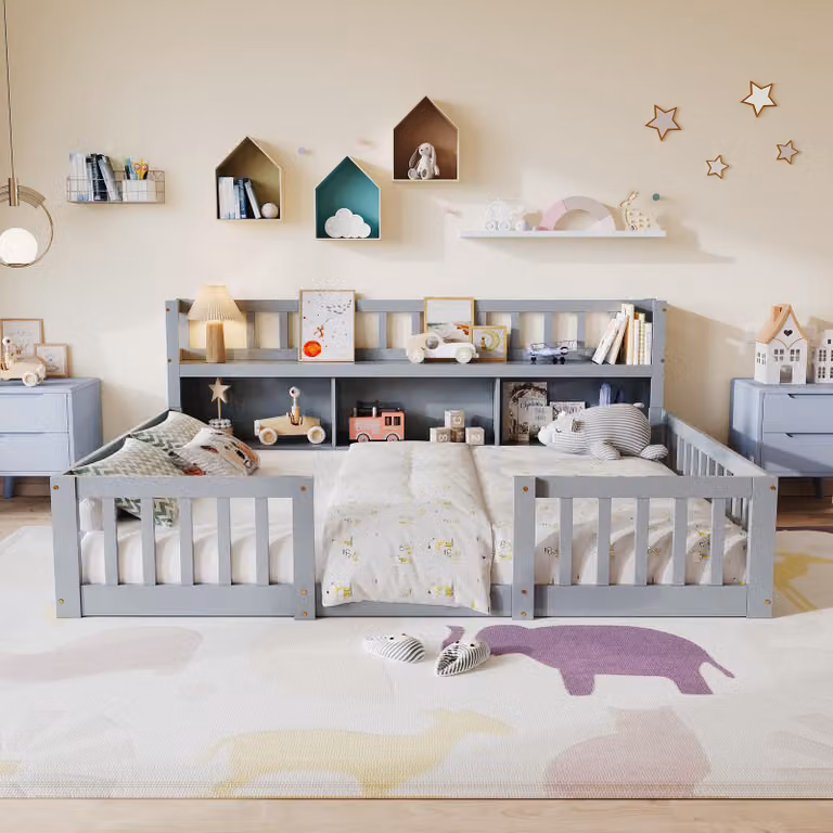 Letto singolo UnboxG, modello a terra, 140x200 cm, letto matrimoniale in legno, letto trasformabile per bambini con scaffale, letto classico per bambini con protezione anti-caduta, colore grigio