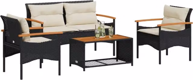 Set Divani da Giardino 4 pz con Cuscini Nero in Polyrattan 368398