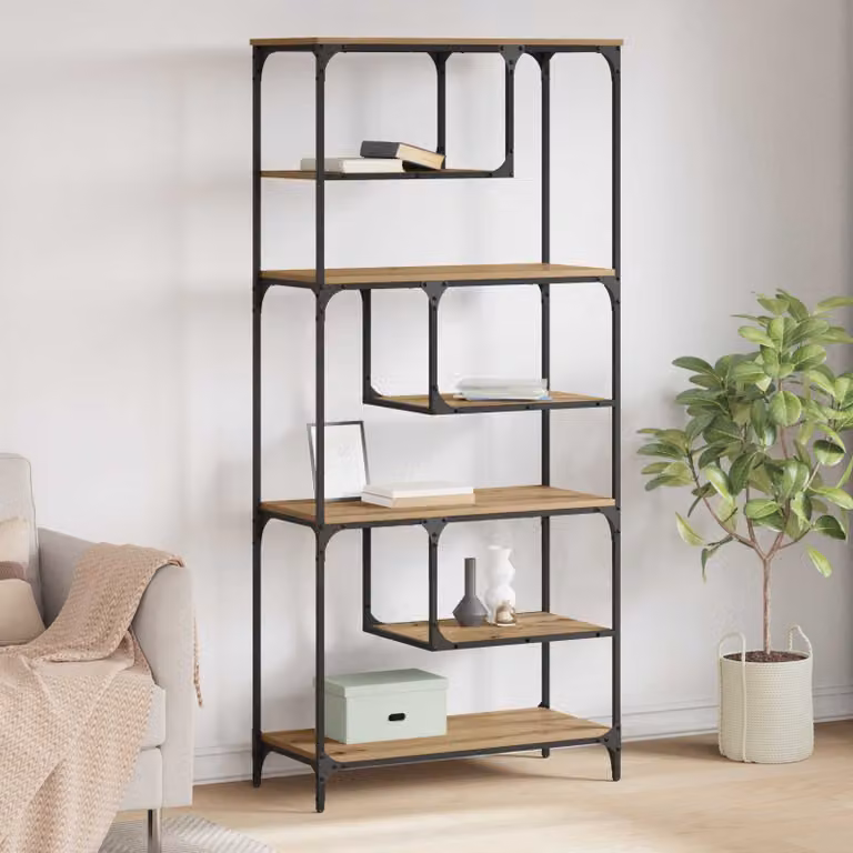 Libreria vidaXL in stile industriale con 6 livelli, realizzata in legno ingegnerizzato e metallo, colore marrone, L: 81 cm, P: 36 cm, H: 176 cm