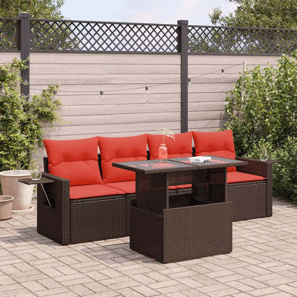 Set Divano da Giardino vidaXL 5 Pezzi in Polyrattan Marrone con Cuscini e Tavolino da Esterno