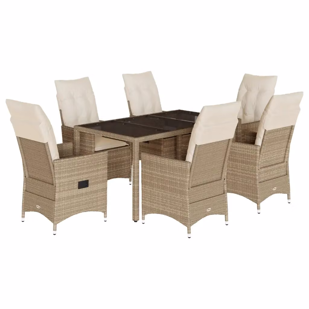 Set da pranzo da giardino vidaXL in polyrattan con cuscini beige e piano in vetro, 7 pezzi – 2