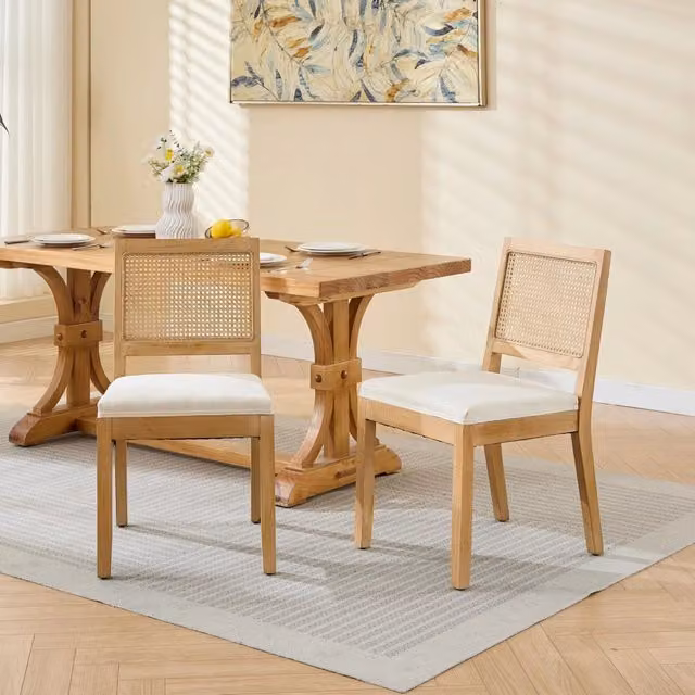 Set di 2 sedie da pranzo Singularity in stile mid-century con struttura in legno e schienale in vimini, seduta imbottita in tessuto, colore marrone e beige