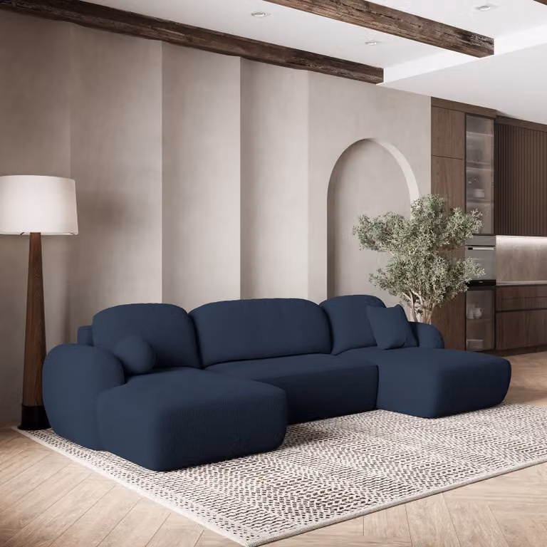 Divano angolare SAVONA N di Masseno con funzione letto a U, divano con box letto, divano da salotto, divano, divano letto, set di divani - blu, ORA O MAI PIÙ 79