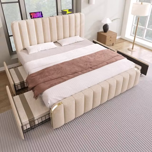 Letto matrimoniale imbottito 180x200 cm in lino beige con 4 cassetti; USB e Type-C; materasso incluso