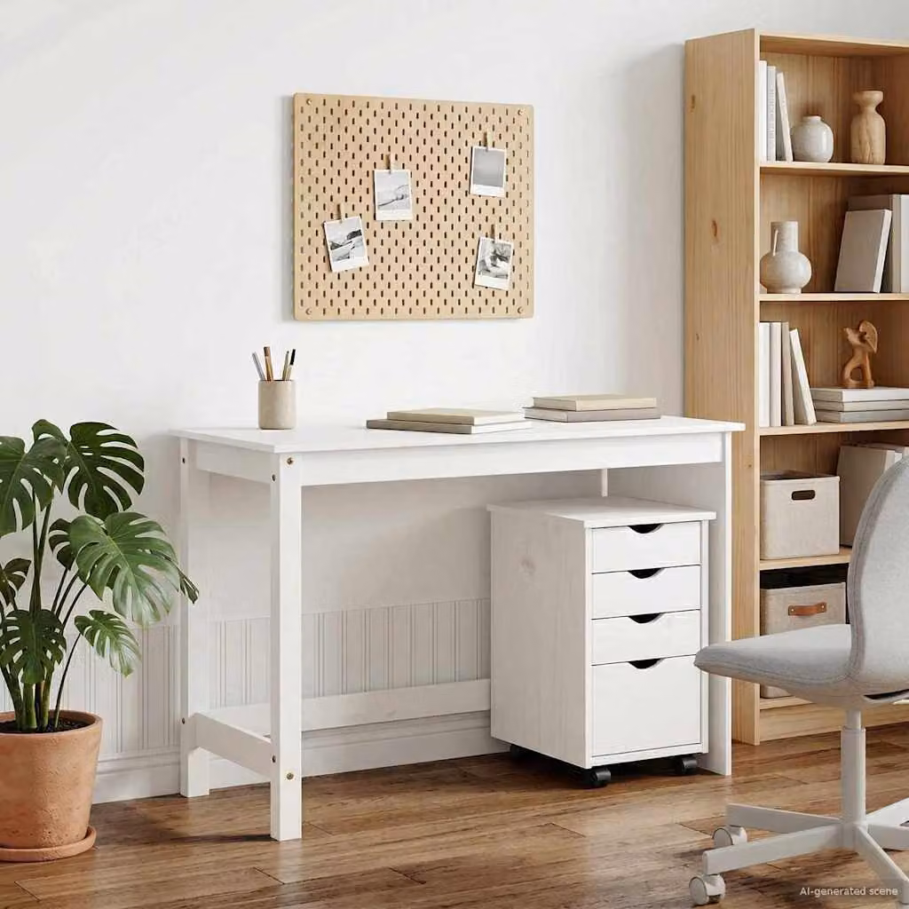 Set moderno di scrivania e armadietto con cassetti vidaXL in legno di pino, colore bianco, L: 112 cm, P: 50 cm, H: 75 cm