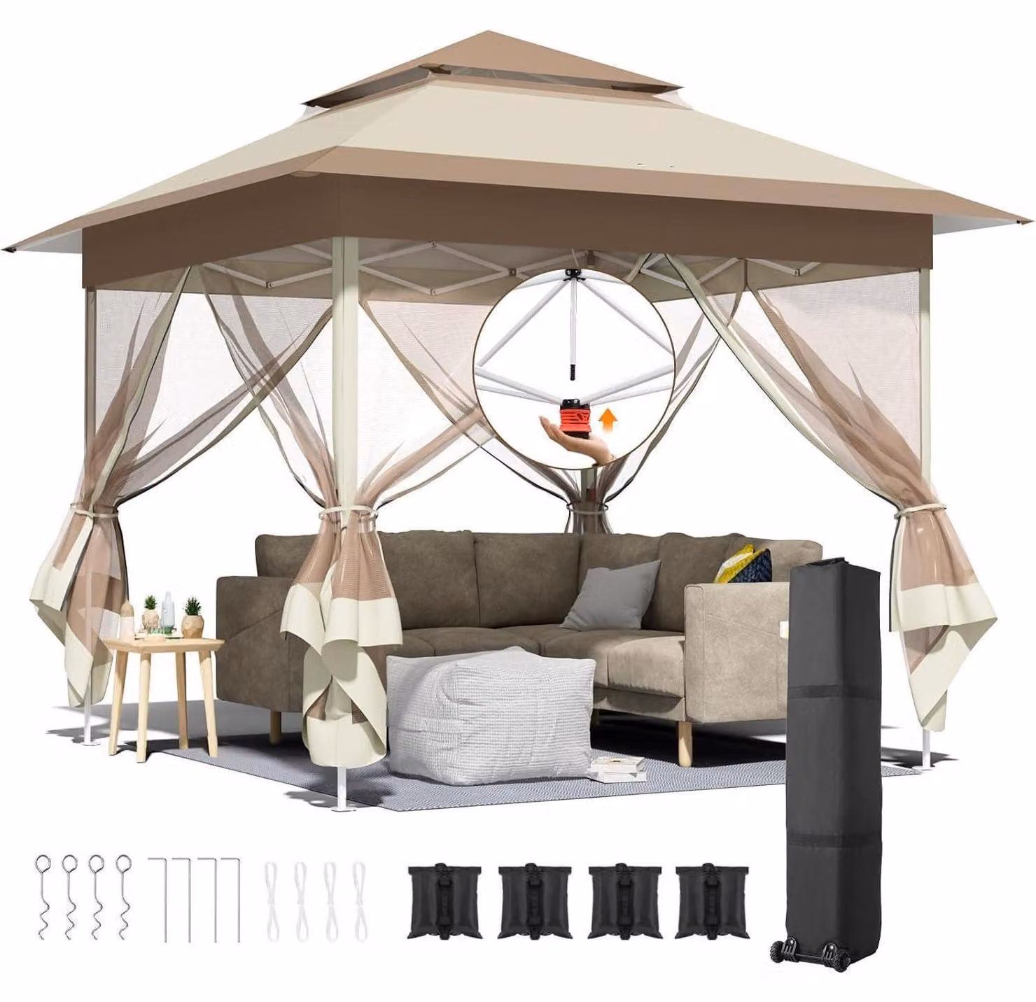 Gazebo da esterno di 3,3 x 3,3 metri, con 4 zanzariere, impermeabile, protezione UV 50+, colore marrone kaki