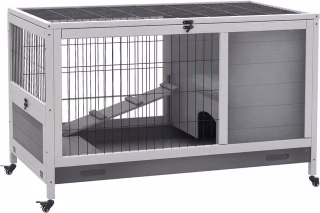 Conigliera in legno di abete con rampa e 4 ruote, casetta per piccoli animali, L: 90 cm, P: 53 cm, H: 59 cm, Grigio
