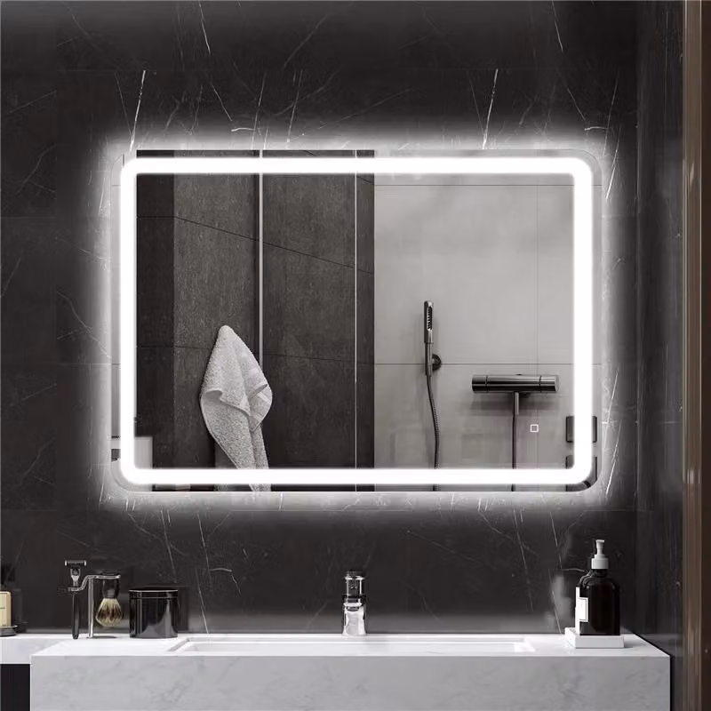 Specchio da bagno moderno con luce LED a 3 temperature, interruttore touch e funzione antiappannamento, L: 70 cm, H: 100 cm, colore argento o bianco – 2