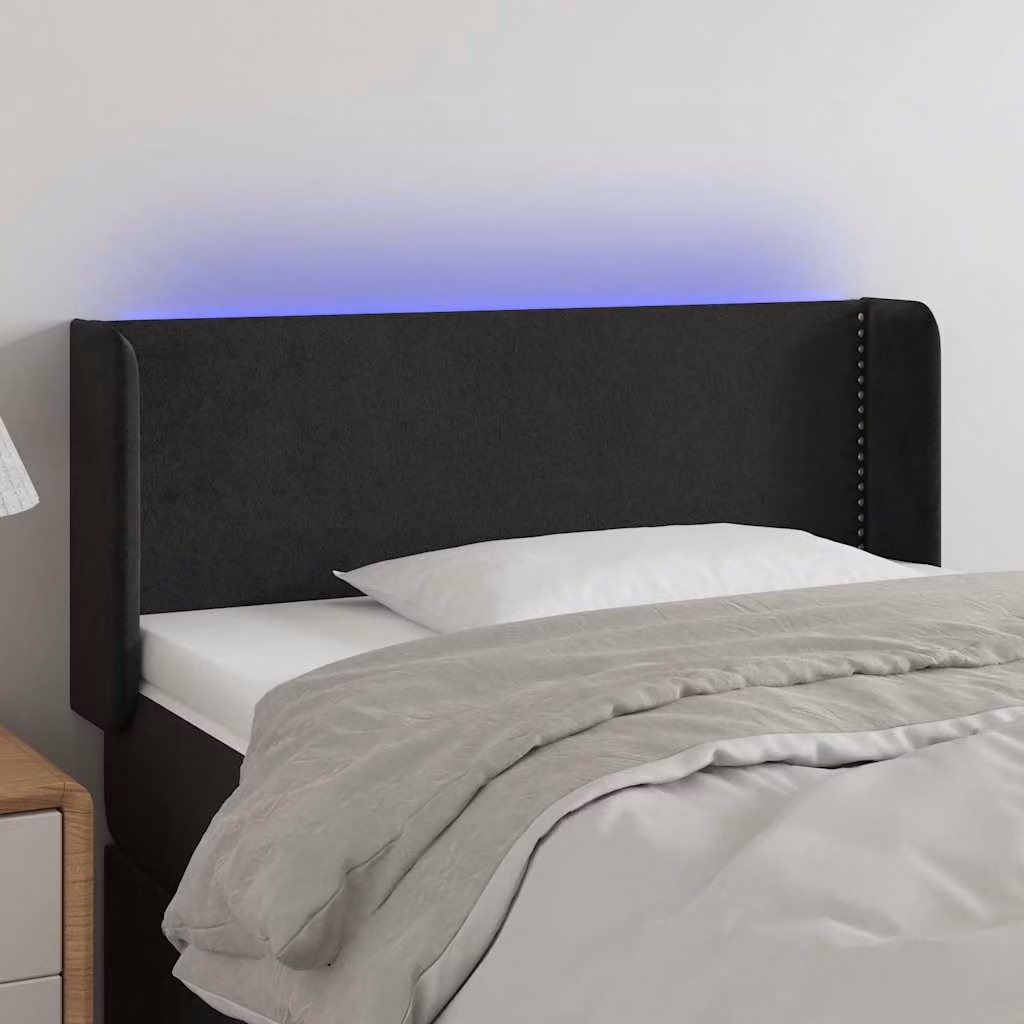 Testiera per letto vidaXL in velluto nero con illuminazione LED e porta di ricarica USB, L: 103 cm, P: 16 cm, H: 78-88 cm