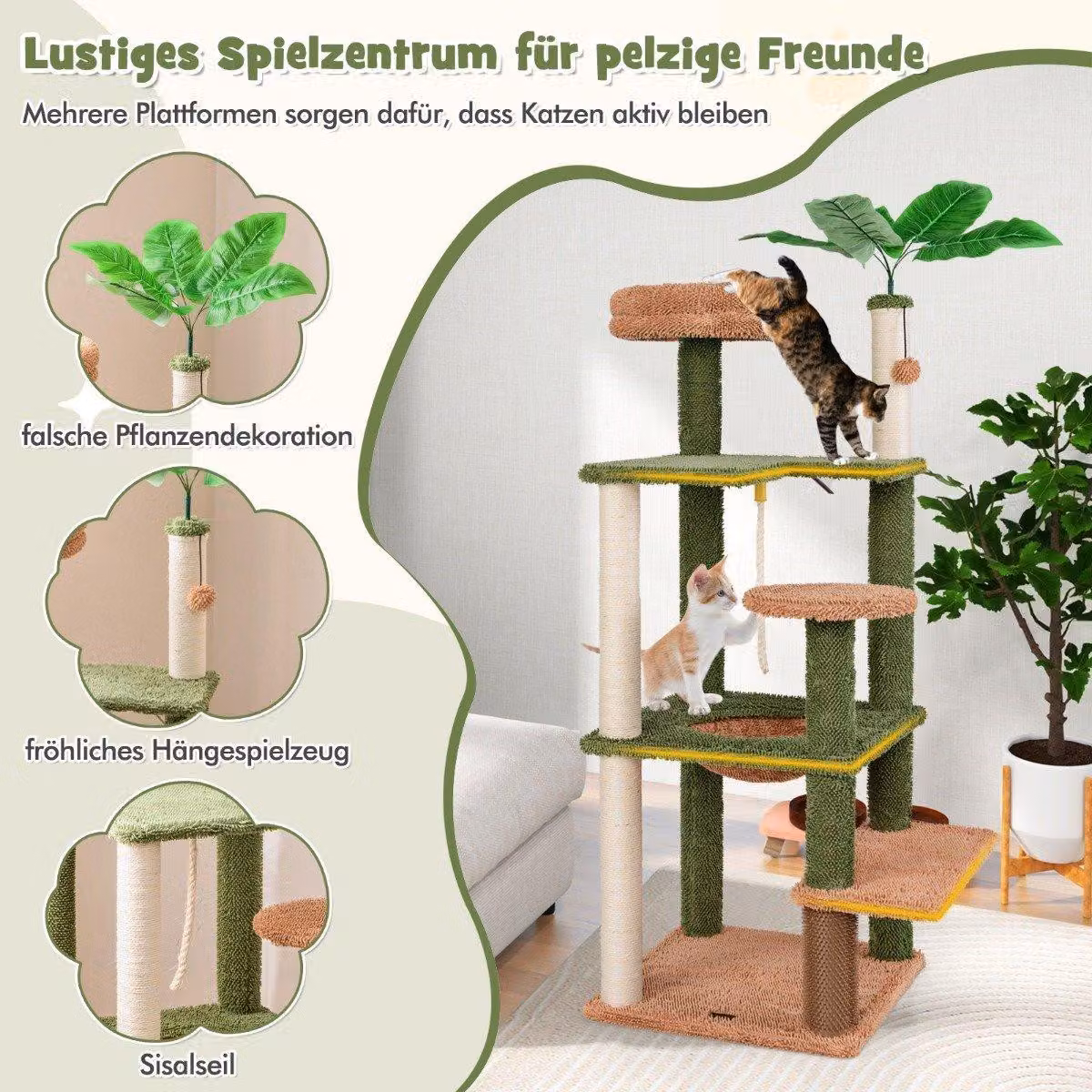 Tiragraffi per gatti domestici alto 152 cm, torre per gatti a più piani con pali in sisal
