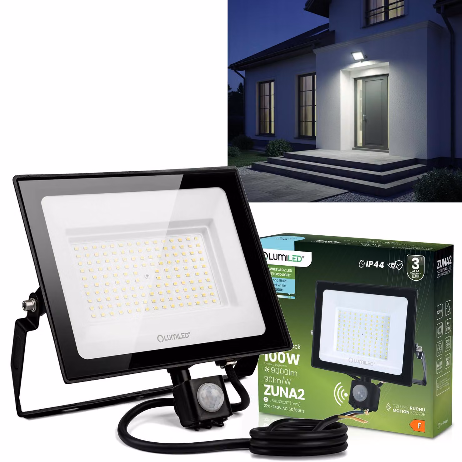 Faretto LED LUMILED da esterno 100 W con sensore di movimento, 9000 lm, IP44, resistente agli spruzzi d'acqua, faretto da esterno, proiettore, 6500 K, bianco freddo, illuminazione per giardino, cortile, garage, cantiere, faretto da parete, nero