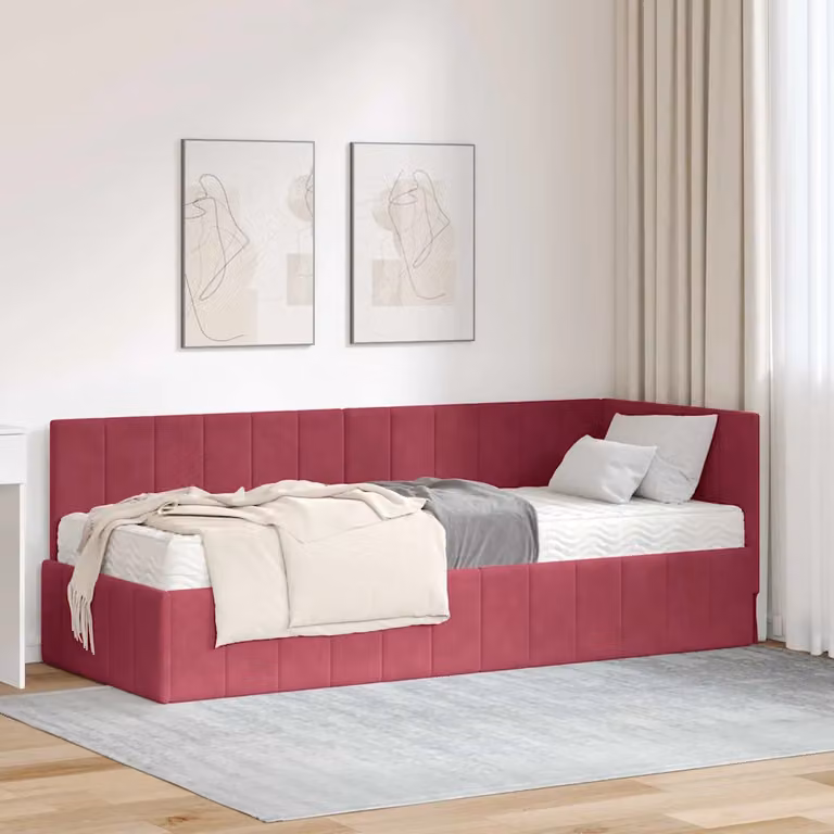 vidaXL Struttura Letto Angolare Moderna in Velluto Rosso con 2 Materassi in Schiuma L/P/H: 140 x 200 x 84 cm