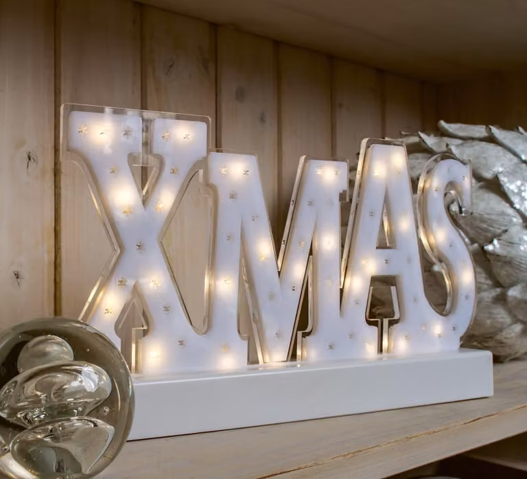 Insegna luminosa a LED con scritta "XMAS", 29 LED bianco caldo, alimentata a batteria, dimensioni 30x17 cm