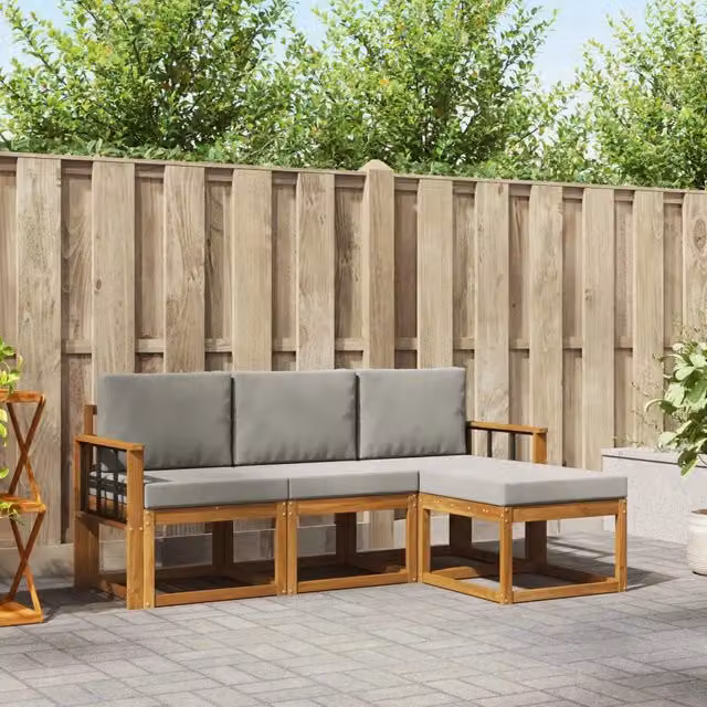 Set di divani da esterno a L con pouf vidaXL in legno di acacia e tessuto grigio