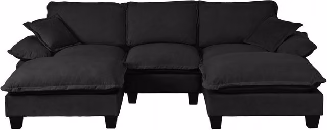 Divano panoramico a U moderno in tessuto nero con pouf coordinato e struttura in legno massello L: 263 cm, P: 151 cm, H: 90 cm – 1