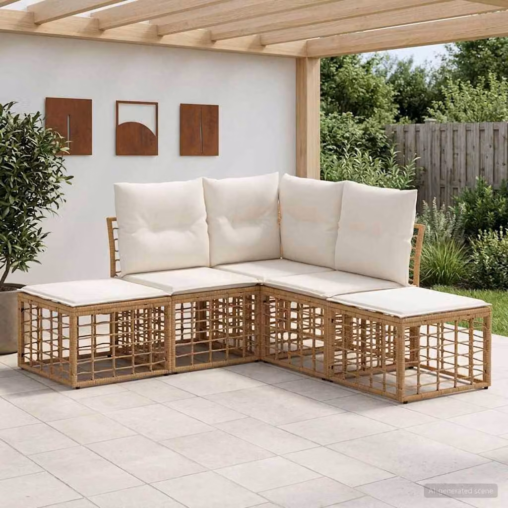 Set di divani da esterno a L vidaXL in rattan beige con cuscini in poliestere resistente ai raggi UV