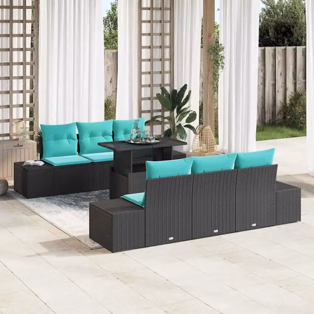 Set Divano da Giardino 7 pz 6-Numero di posti Nero e Turchese 3357849