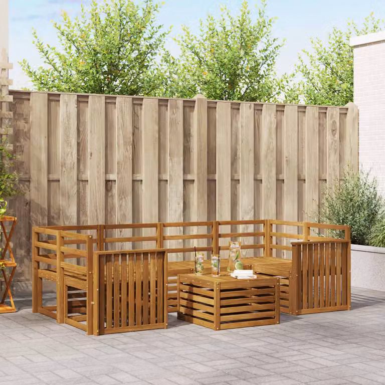 vidaXL Set di divani da esterno 7 pz in legno di acacia massello marrone con cuscini e tavolino da caffè
