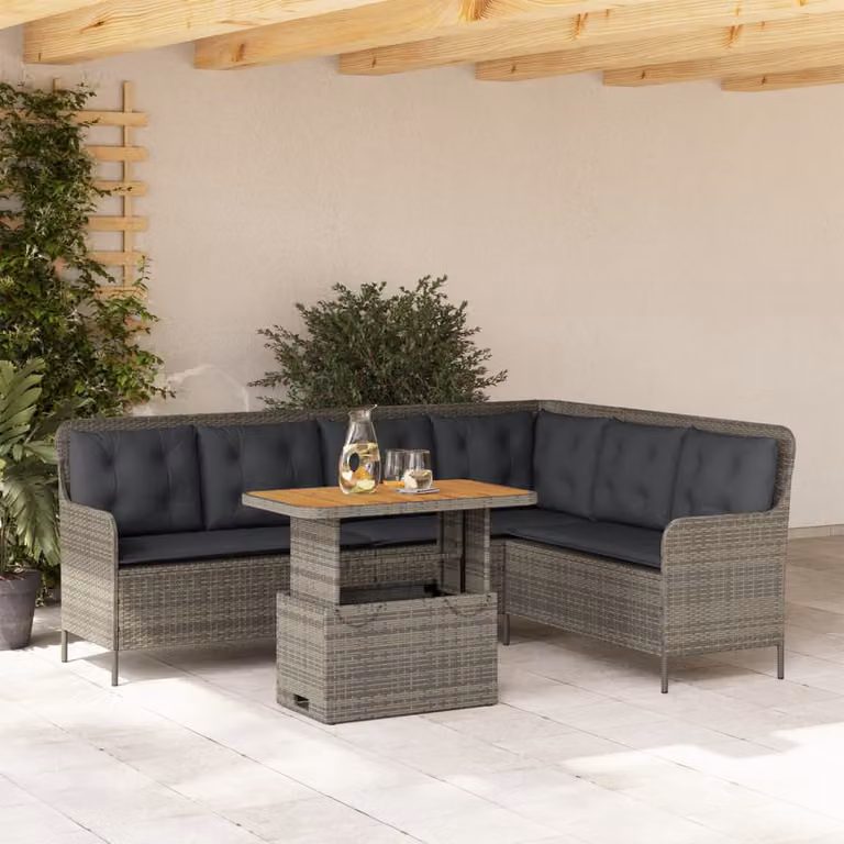 Set Divano da Giardino a L vidaXL in Polyrattan con Cuscini e Tavolino, Grigio e Marrone