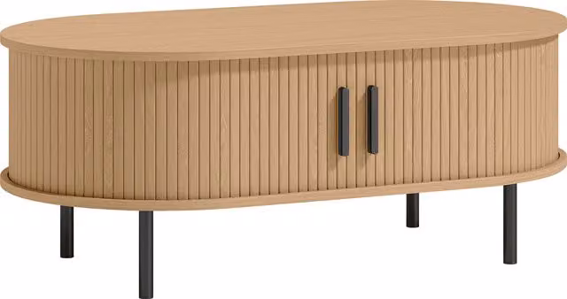 Tavolino ovale HOMCOM in legno naturale con ante scorrevoli e vano nascosto, stile mid-century, L: 100 cm, P: 55 cm, H: 40 cm