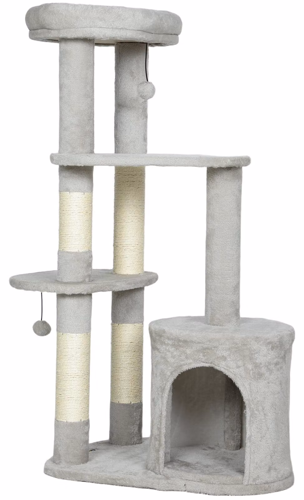 PawHut Tiragraffi a torre per gatti da 114 cm con cuccia, pali in sisal, piattaforma grigio chiaro