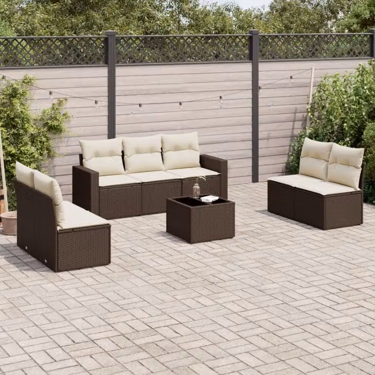 Set di divani da giardino vidaXL in polyrattan marrone con cuscini bianchi, 8 pezzi