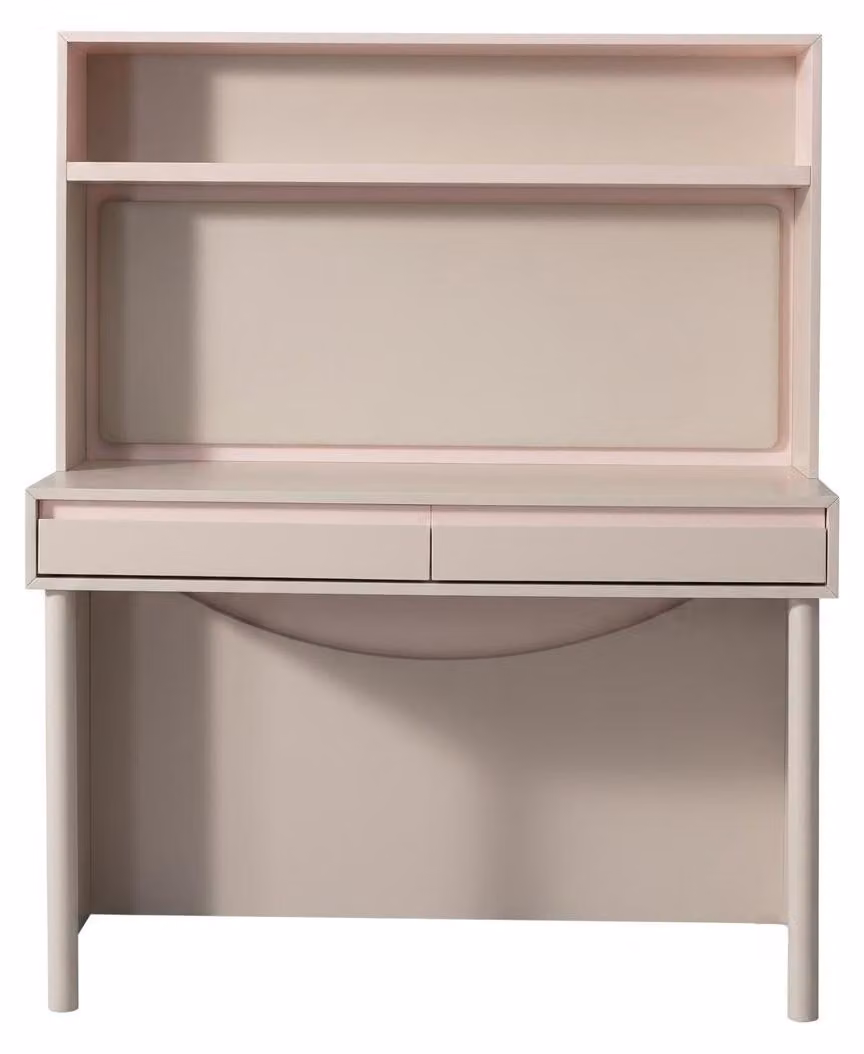 Scrivania beige in legno, design moderno, con scaffali, adatta per una postazione computer, ideale per una camera da letto per adolescenti