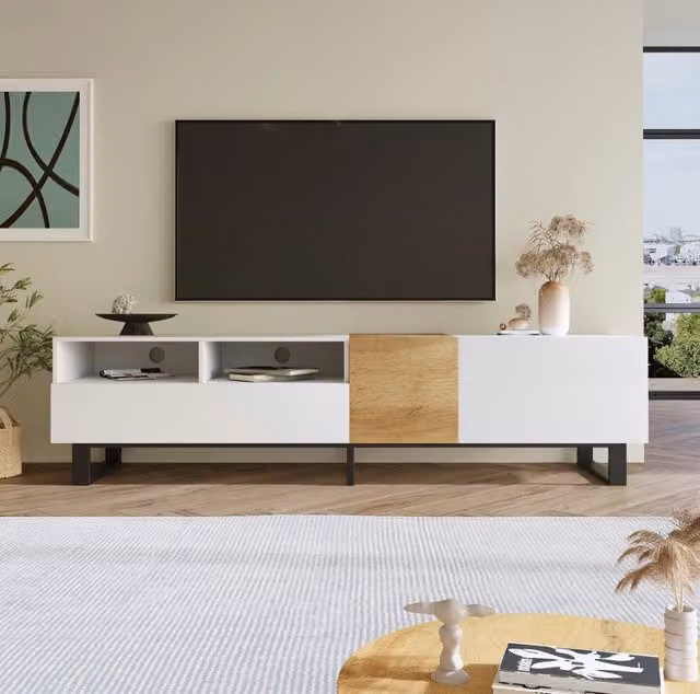 Mobile TV moderno MODFU in MDF bianco e metallo con 2 cassetti e 2 ante L/P/H: 180 x 50 x 38 cm