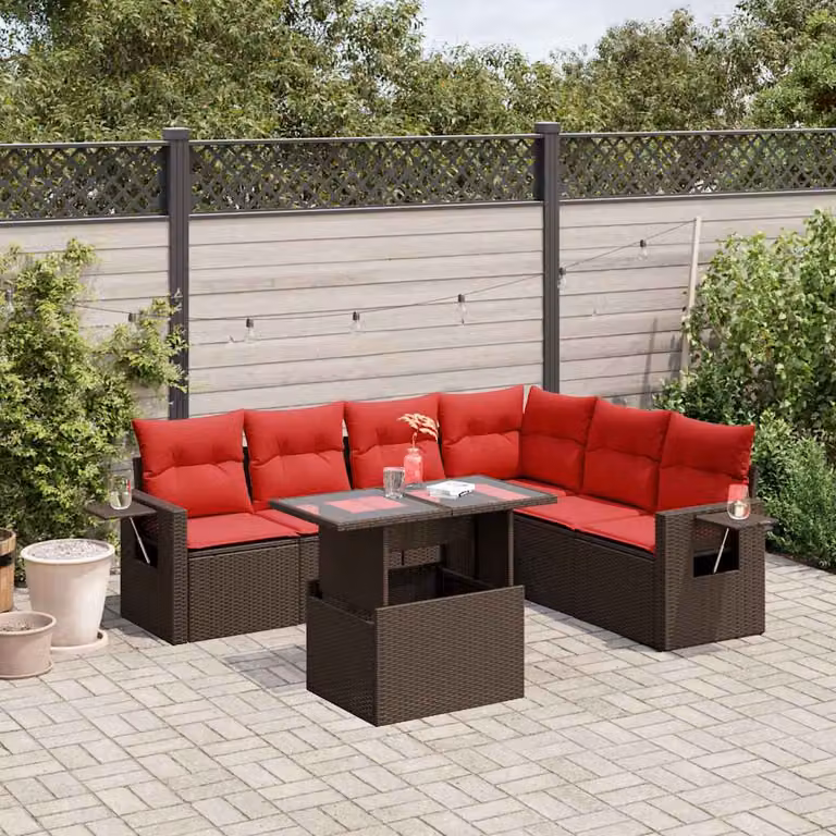Set Divani da Giardino vidaXL 7 pz in Polyrattan Marrone con Cuscini e Tavolino da Esterno