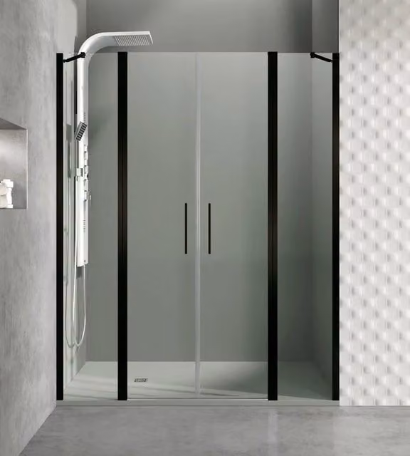 Box doccia rettangolare OPEN DUCHA con 2 porte battenti e pannelli fissi, L/P/H: 205 x 6 cm x 195 cm, colore nero e vetro trasparente