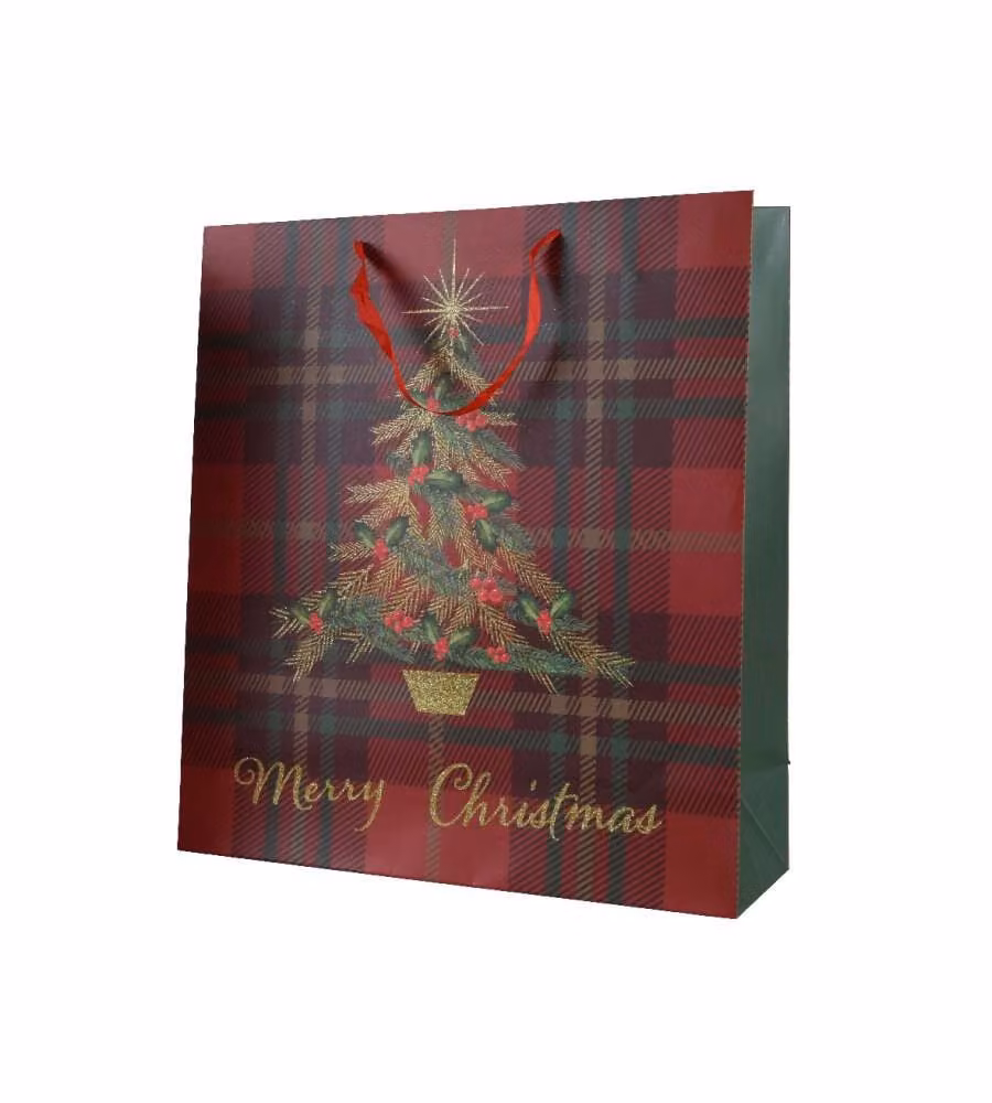 Busta regalo tartan e decoro albero 42h cm
