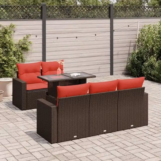 Set Divano Giardino 6 pz con Cuscini Marrone Polyrattan Acacia 3326255