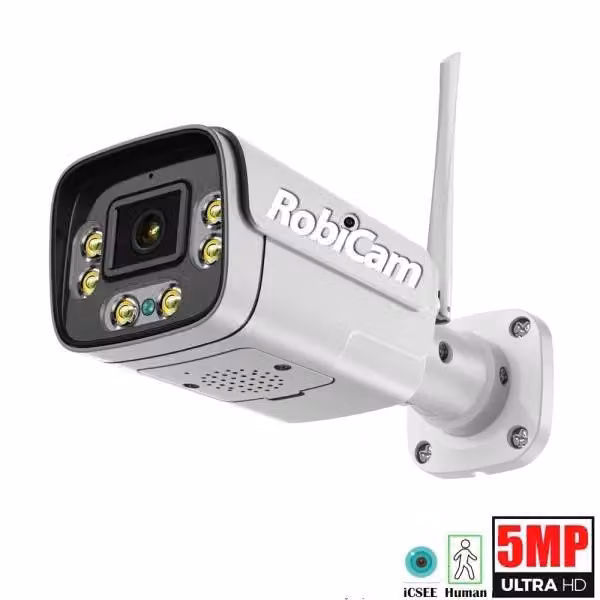 RobiCam 6006, telecamera Bullet iCsee, WiFi, 5MP, corpo fisso in metallo, audio bidirezionale