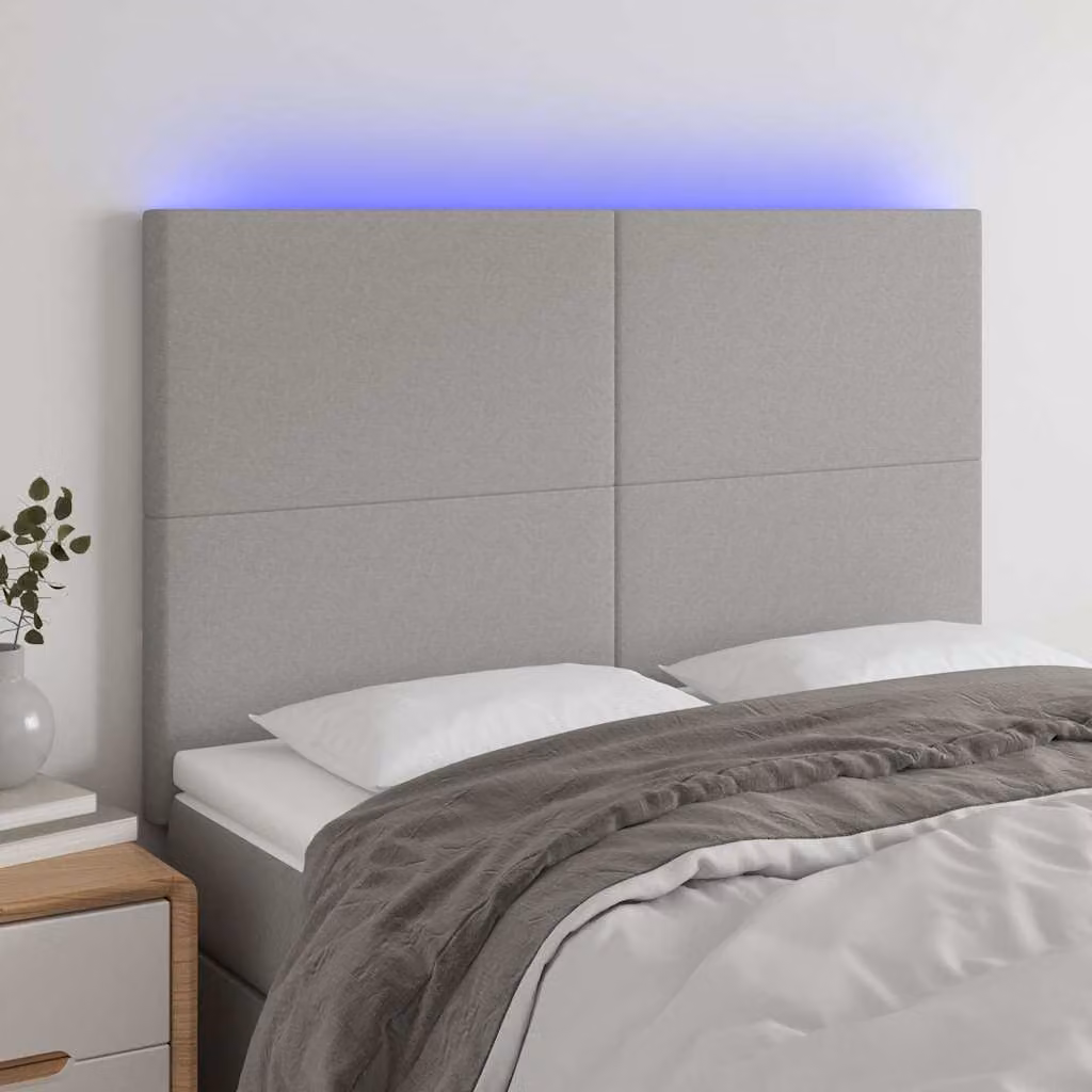 Testiera per letto vidaXL in tessuto grigio con illuminazione LED e porta USB, L: 144 cm, P: 5 cm, H: 118-128 cm