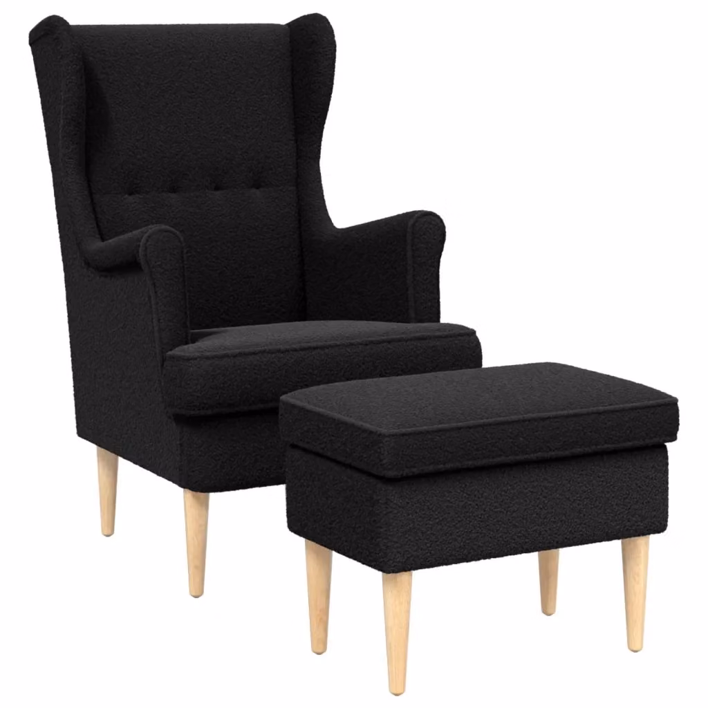 Set Poltrona con Ottoman vidaXL in Tessuto Bouclé Nero con Struttura in Legno Massello – 2