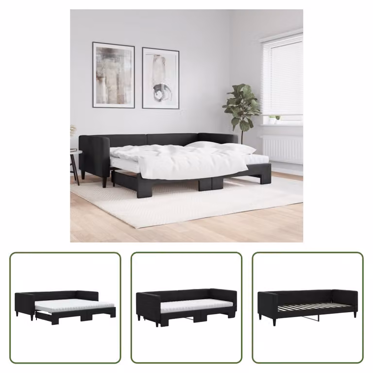 The Living Store Lettino allungabile con materassi nero 90x200 cm in tessuto