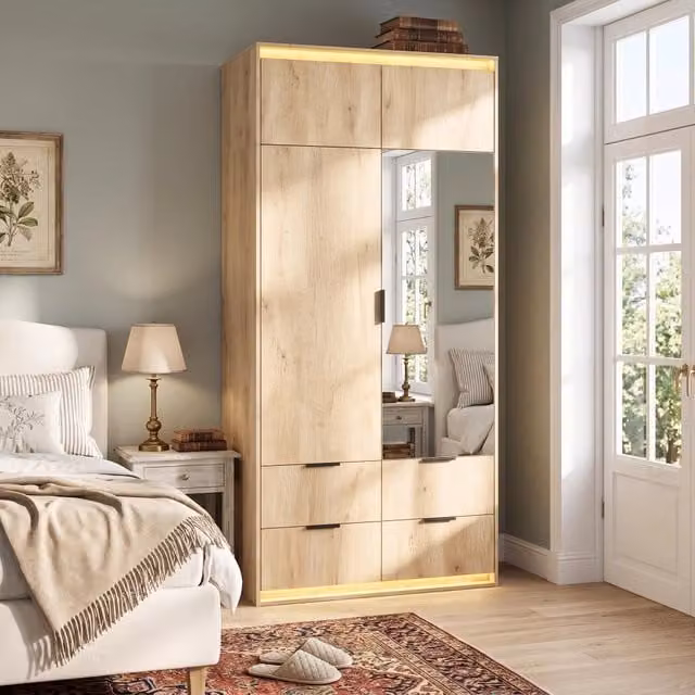 Armadio moderno Vovees Living con 2 ante, specchio e illuminazione LED in rovere, L: 90 cm, P: 47 cm, H: 200 cm