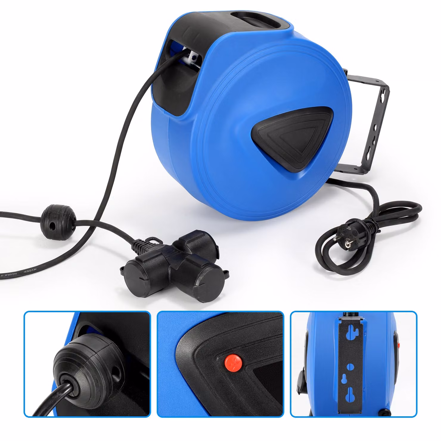 Avvolgicavo automatico Clanmacy Avvolgicavo automatico, 20 m, ruotabile di 180° Staffa a parete Cavo elettrico per montaggio a parete con 3 prese