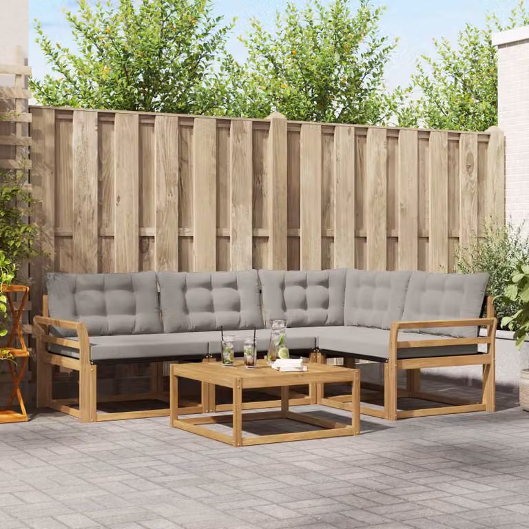 Set di divani da esterno vidaXL a forma di L con tavolino da caffè, struttura in legno di acacia e sedute in tessuto textilene, colore bianco, grigio e marrone