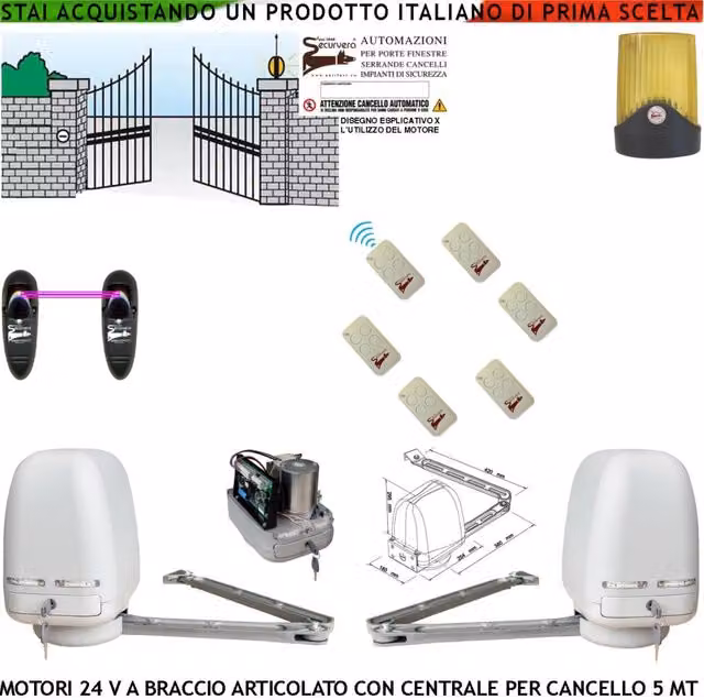 Cancello Automatico Kit Motori a Braccio Articolato 24 V 2 Ante da 0,5 a 2,5 MT Centrale 220/24 V 6 Radiocomandi Faro Fotocellule