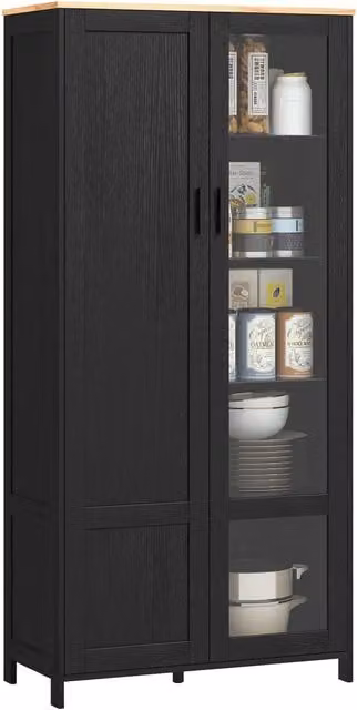Credenza Giordanoshop in Stile Moderno con Ante in Vetro e 8 Ripiani, Nero e Legno, L: 76 cm, P: 36 cm, H: 160 cm